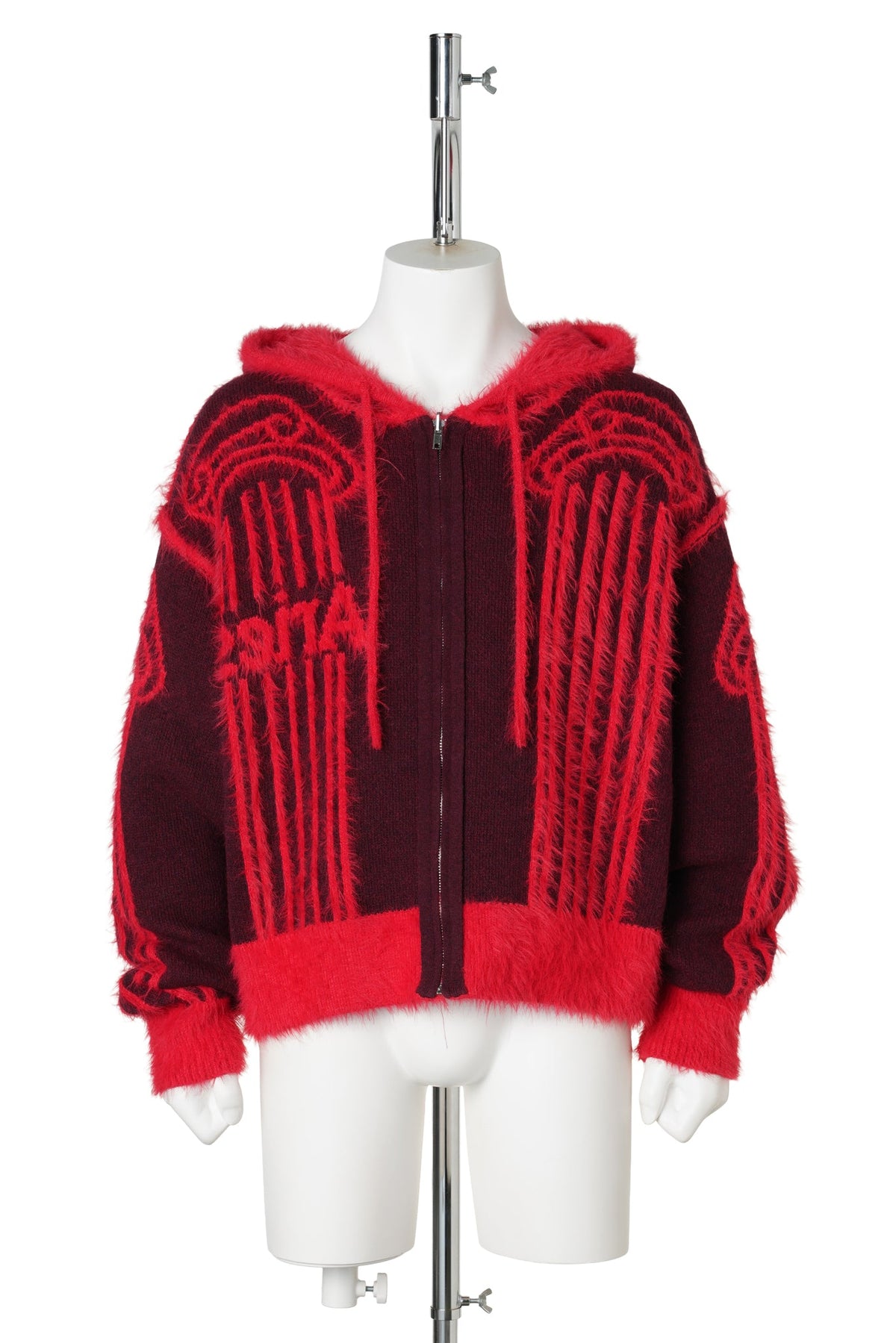 FLUFFY COLUMN CHENILLE REVERSIBLE ZIP THRU HOODIE / RED