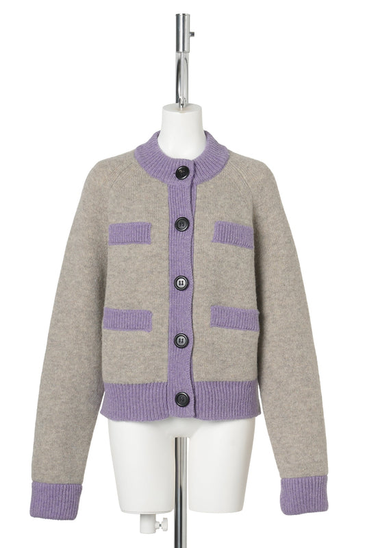 CREW NECK CARDIGAN W/ 4 POCKETS / SAND/LILAC