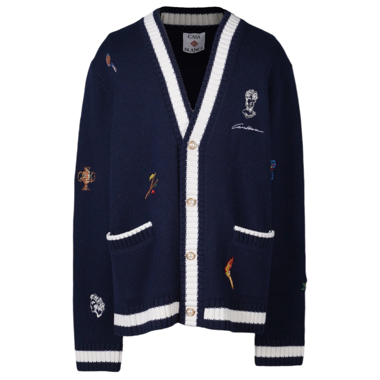 CASHMERE EMBROIDERED CARDIGAN / CSB315:NAVY/WHITE