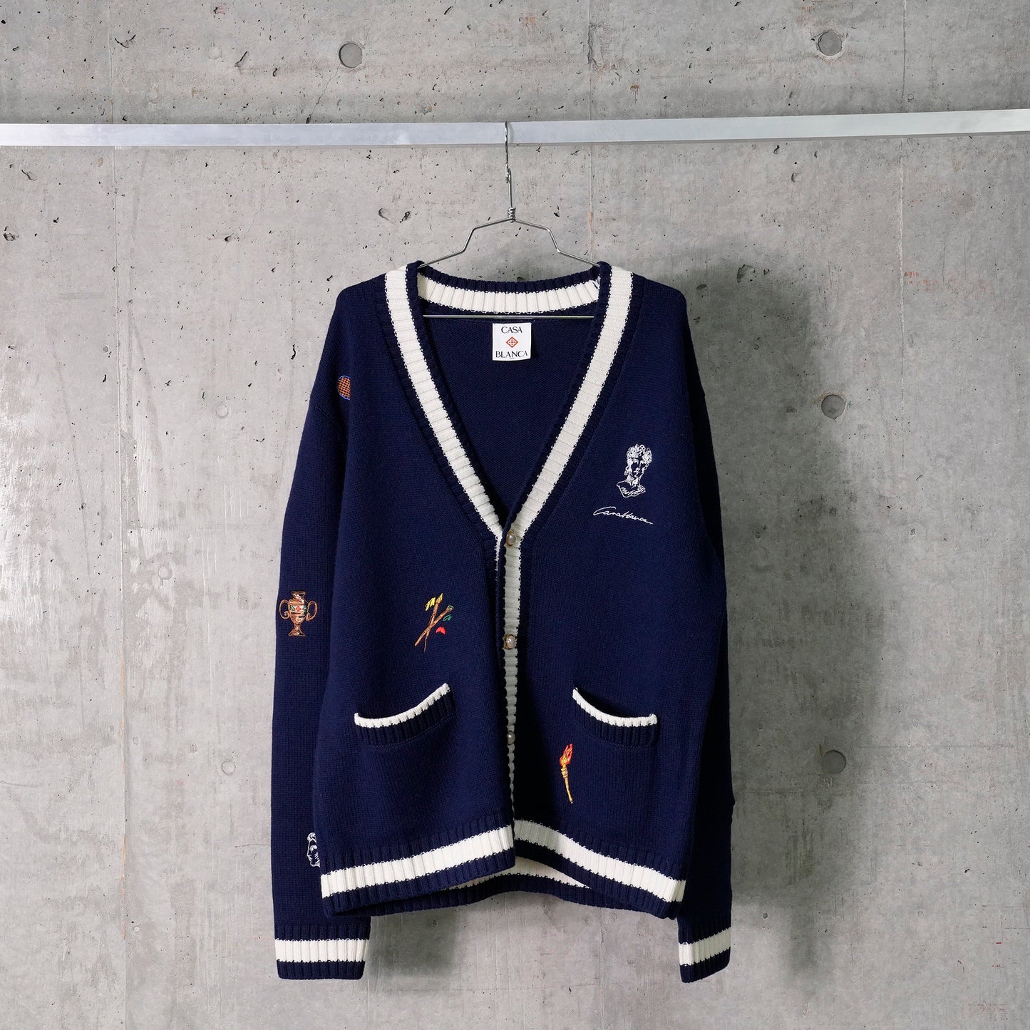 CASHMERE EMBROIDERED CARDIGAN / CSB315:NAVY/WHITE