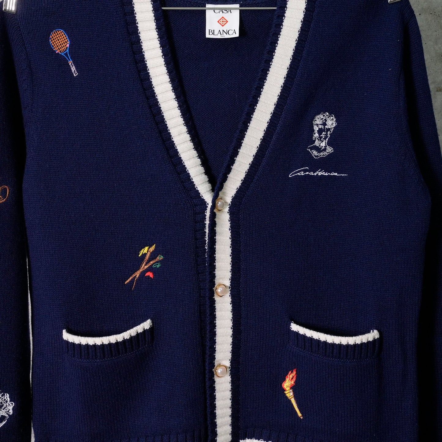 CASHMERE EMBROIDERED CARDIGAN / CSB315:NAVY/WHITE