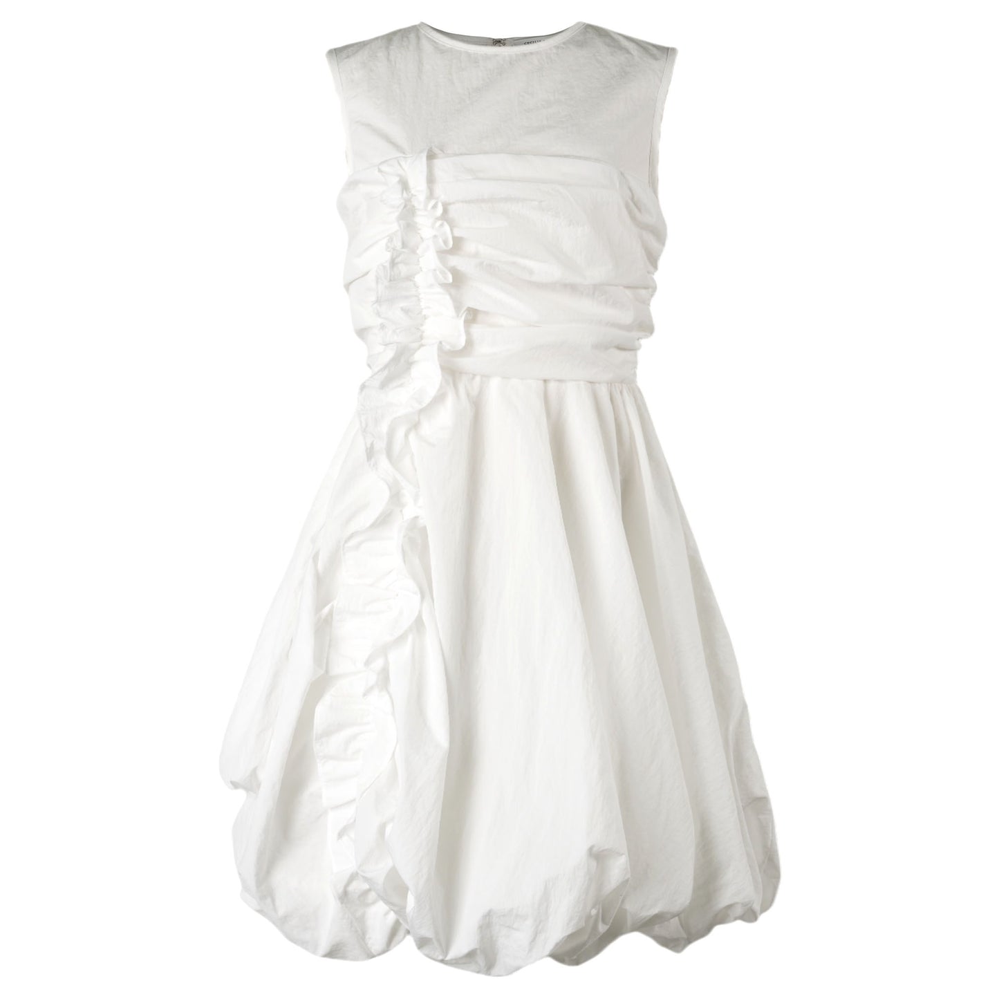 SLEEVELESS RUFFLE DETAIL DRESS WITH BALLOON PEPLUM / WHITE