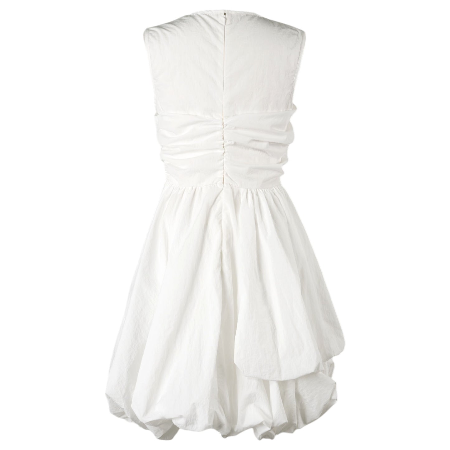 SLEEVELESS RUFFLE DETAIL DRESS WITH BALLOON PEPLUM / WHITE