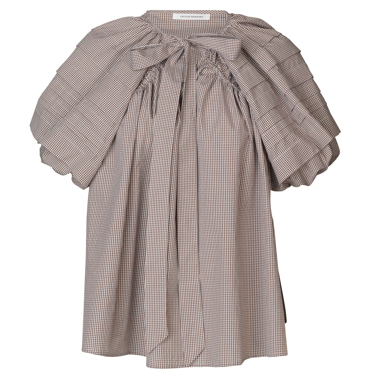 BLOUSE WITH RAGLAN PUFF SLEEVE / BROWN/WHITE