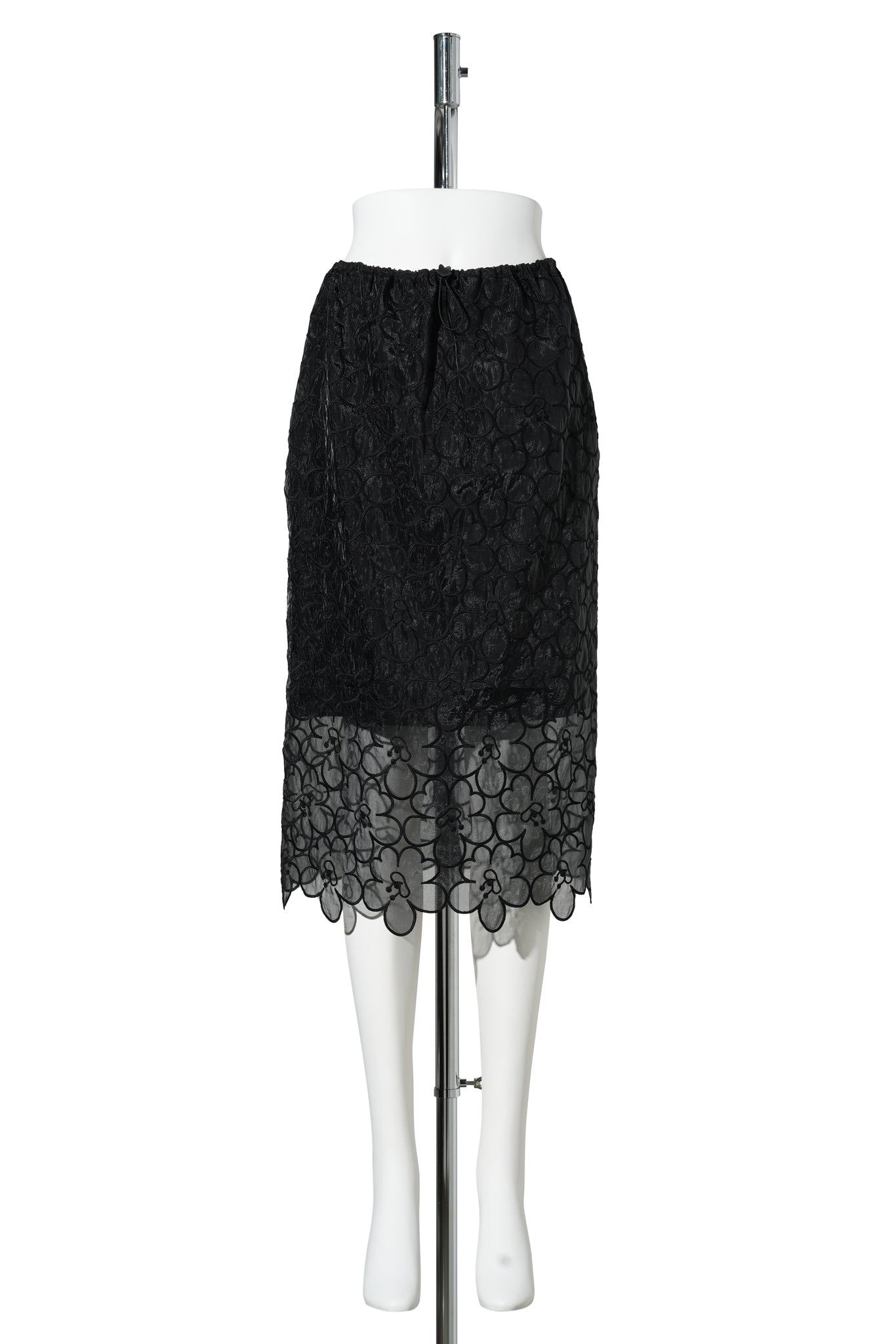 MIDI SKIRT WITH WAIST DRAWSTRING AND SCALLOP HEM / BLACK