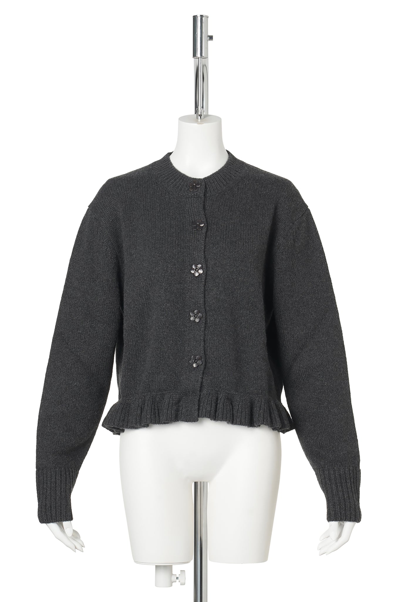 LOOSE FIT CARDIGAN WITH FRILL AND BUTTON CLOSURE / CHARCOAL GREY