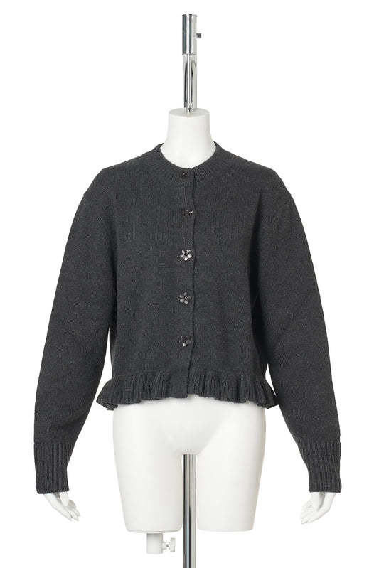 LOOSE FIT CARDIGAN WITH FRILL AND BUTTON CLOSURE / CHARCOAL GREY