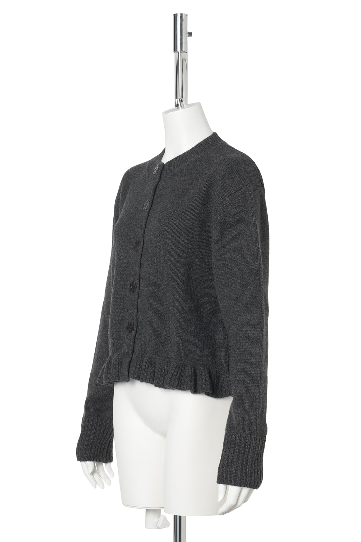 LOOSE FIT CARDIGAN WITH FRILL AND BUTTON CLOSURE / CHARCOAL GREY