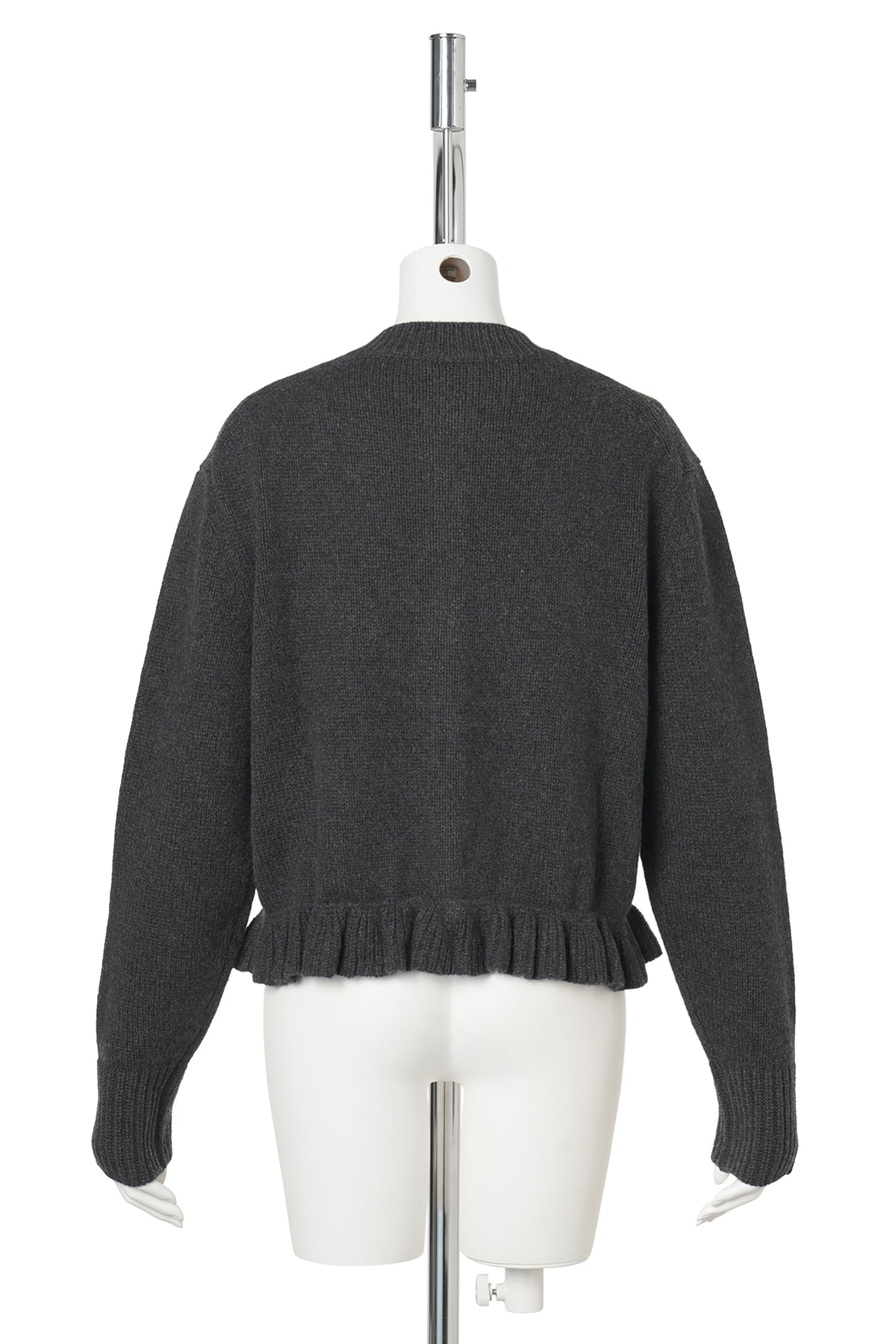 LOOSE FIT CARDIGAN WITH FRILL AND BUTTON CLOSURE / CHARCOAL GREY
