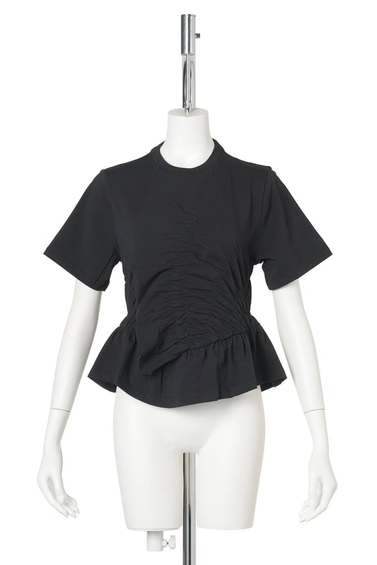 T-SHIRT WITH SMOCK AND FRONT RUFFLE DETAIL / BLACK
