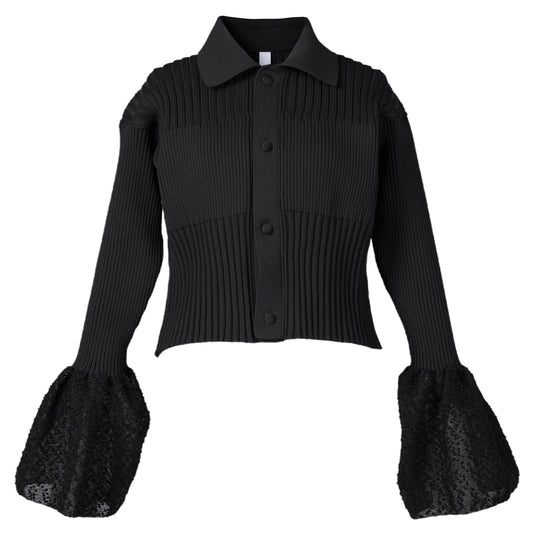 FLUTED ORNAMENT CROPPED SHIRT CARDIGAN / BLACK