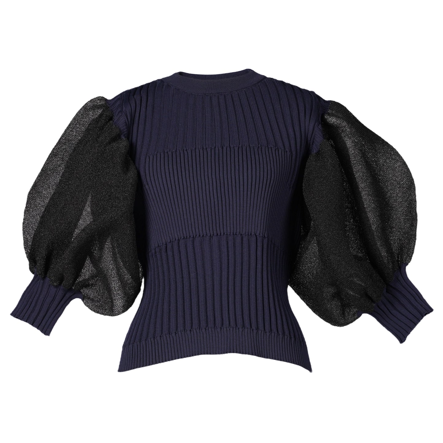 FLUTED LUCENT SHORT PUFF SLEEVE TOP / NAVY-BLACK