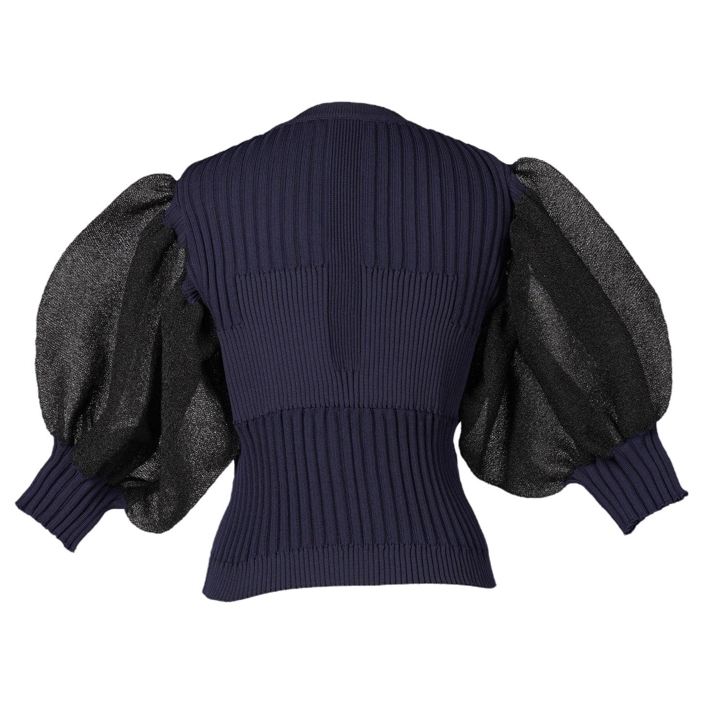 FLUTED LUCENT SHORT PUFF SLEEVE TOP / NAVY-BLACK