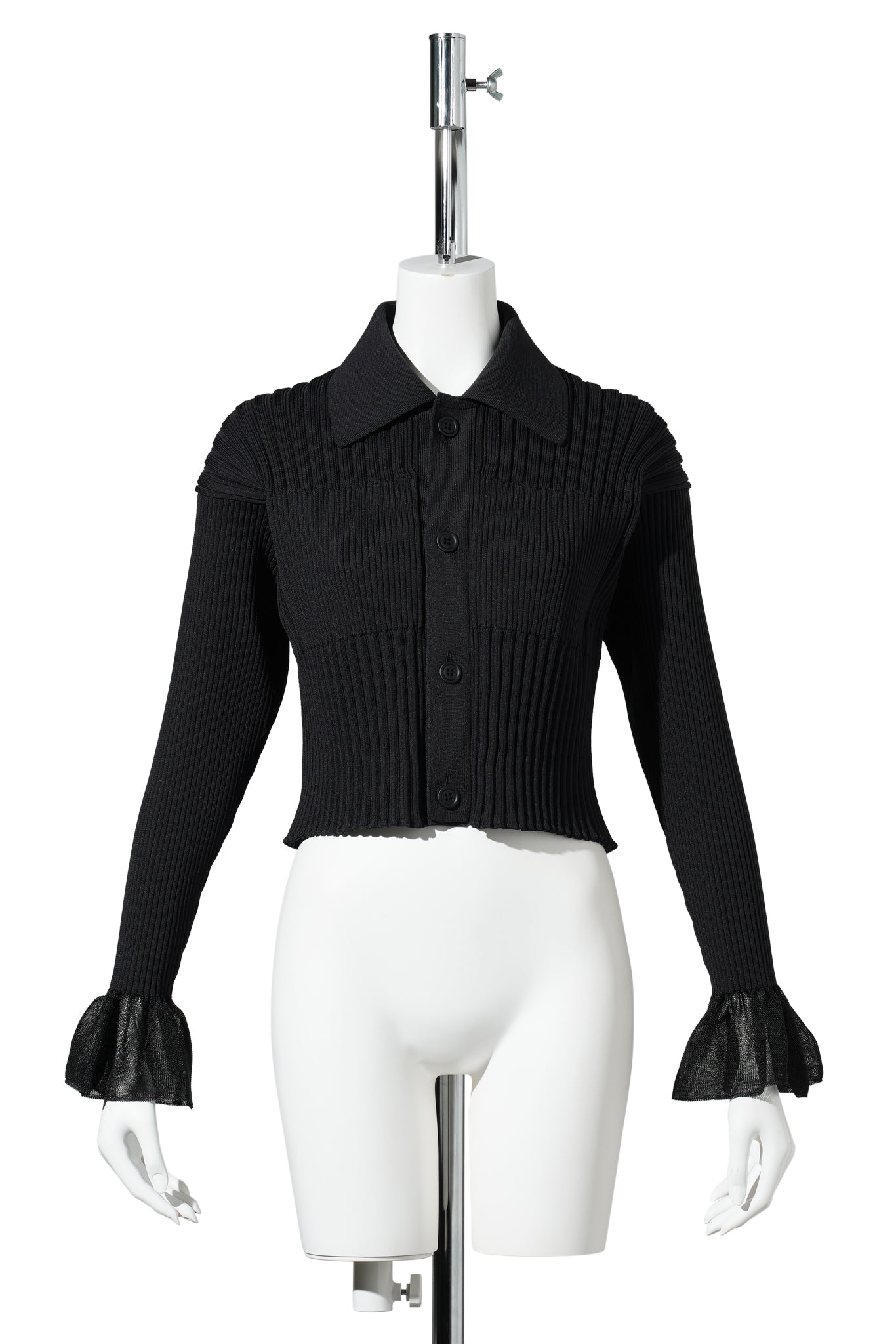 FLUTED LUCENT-CROPPED SHIRT CARDIGAN / BLACK