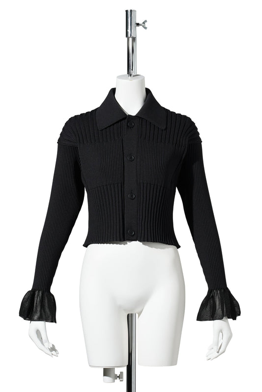 FLUTED LUCENT-CROPPED SHIRT CARDIGAN / BLACK
