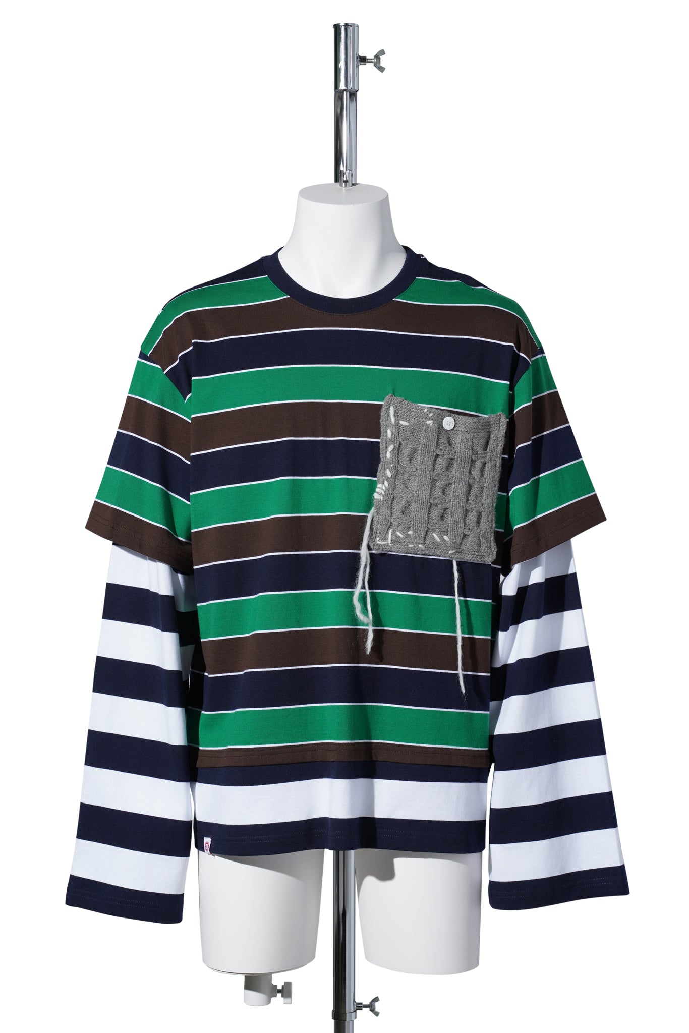 PATCH LONG SLEEVE 2-IN-1 TEE / GREEN/NAVY/BROWN STRIPE