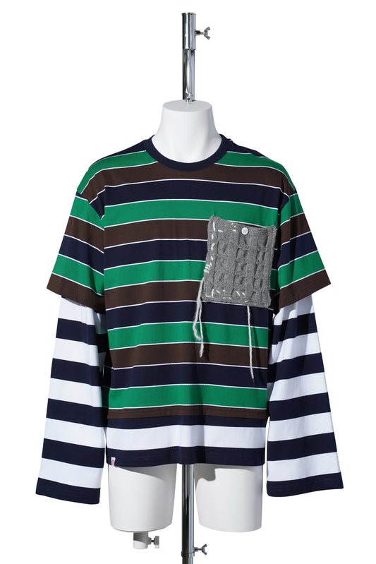 PATCH LONG SLEEVE 2-IN-1 TEE / GREEN/NAVY/BROWN STRIPE