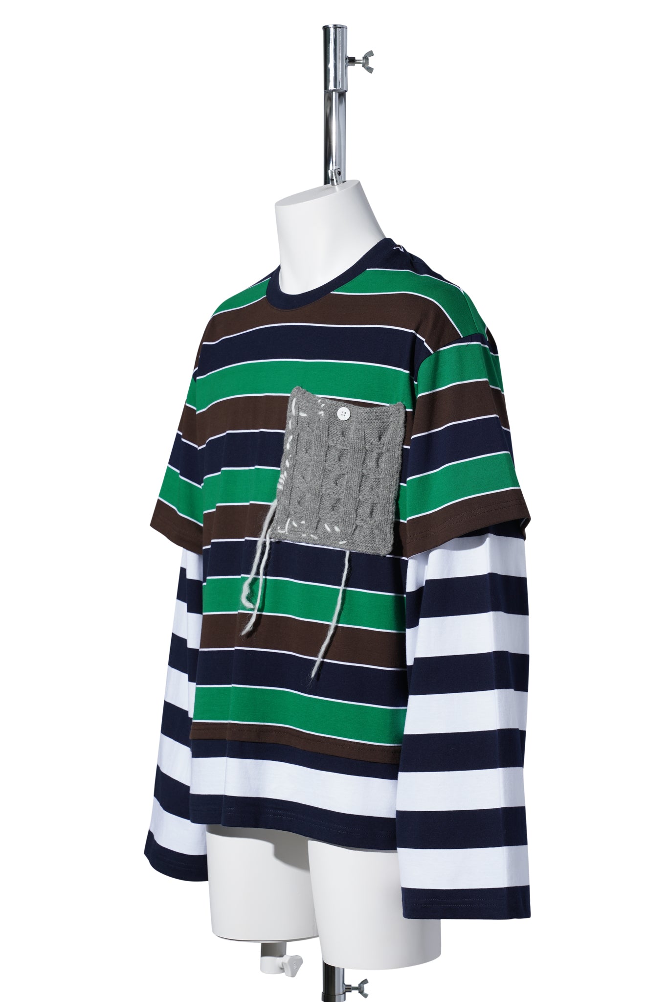 PATCH LONG SLEEVE 2-IN-1 TEE / GREEN/NAVY/BROWN STRIPE
