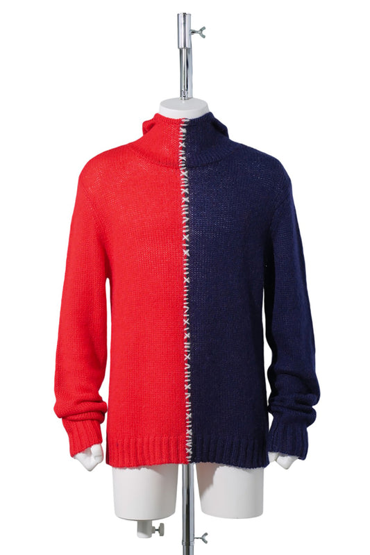 HALF AND HALF RABBIT BALACLAVA JUMPER / RED/NAVY