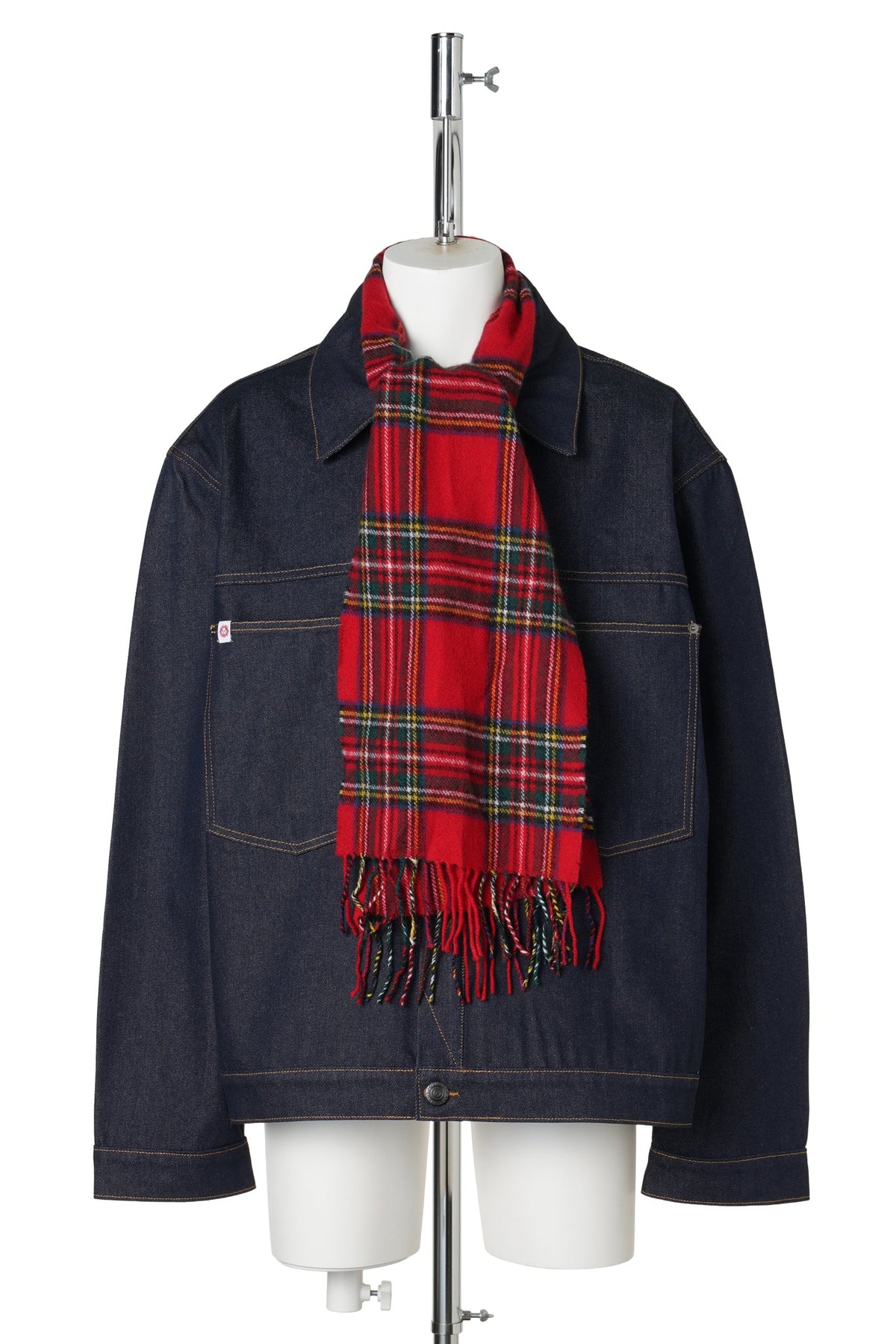 SCARF DENIM JACKET / INDIGO DENIM/RED TARTAN