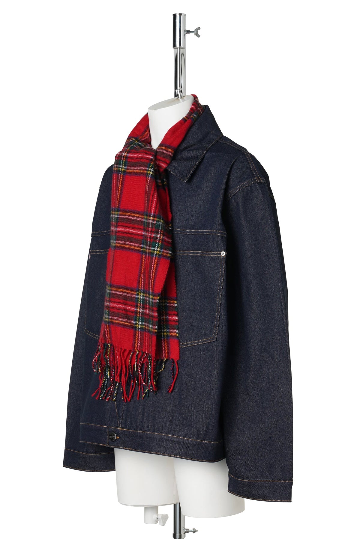 SCARF DENIM JACKET / INDIGO DENIM/RED TARTAN