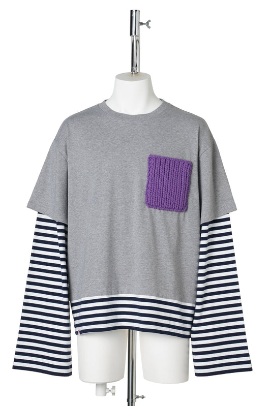 LONG SLEEVE 2-IN-1 TEE WITH KNIT PATCH / KNITTED GREY MARL/NAVY STRIPE