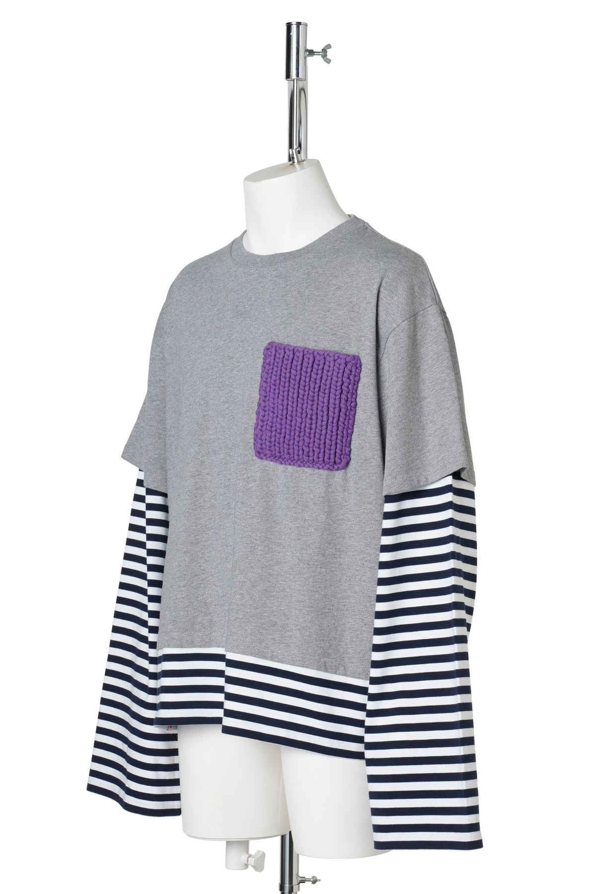 LONG SLEEVE 2-IN-1 TEE WITH KNIT PATCH / KNITTED GREY MARL/NAVY STRIPE
