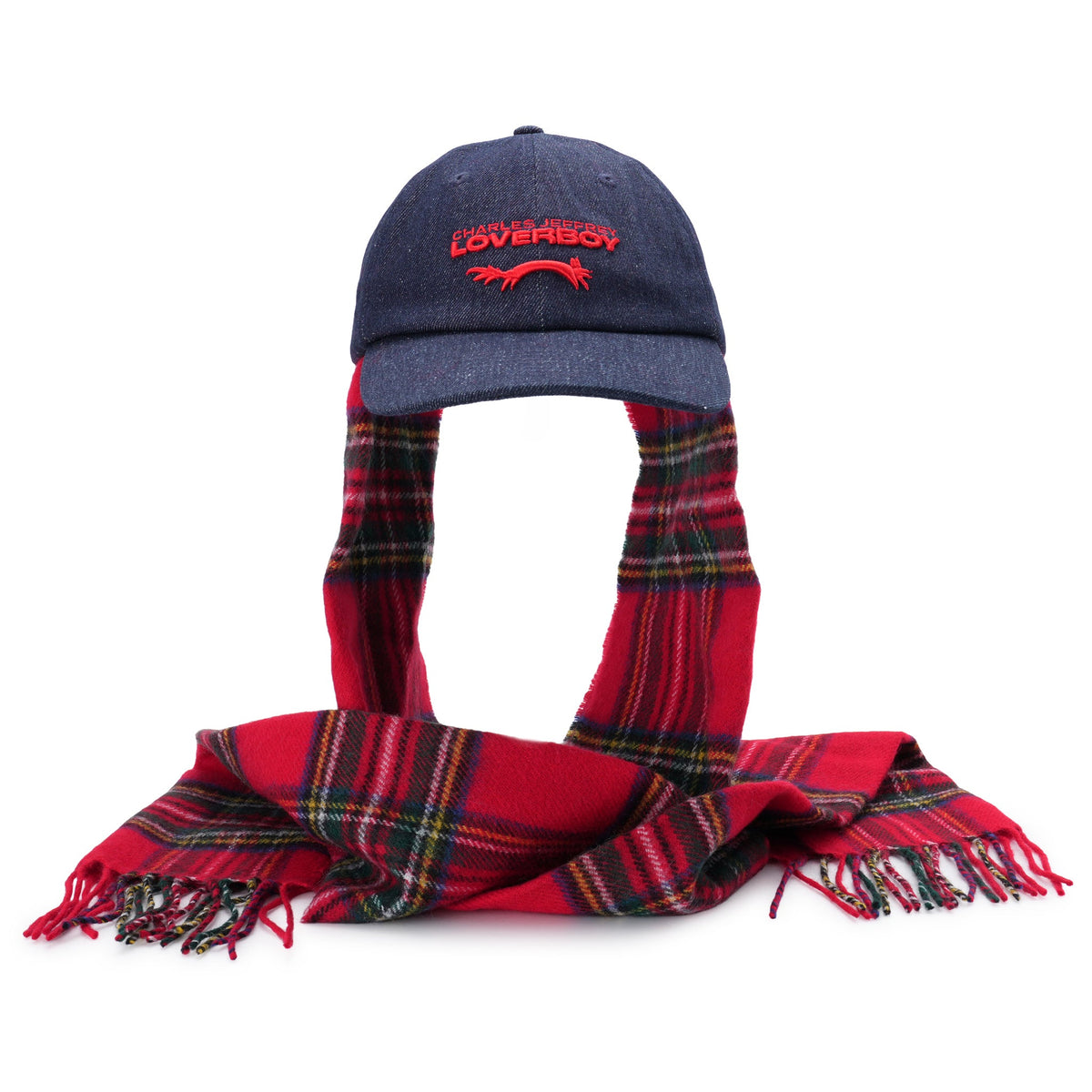 SCARF CAP / INDIGO DENIM/RED TARTAN