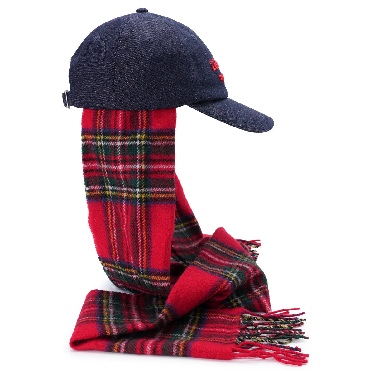 SCARF CAP / INDIGO DENIM/RED TARTAN