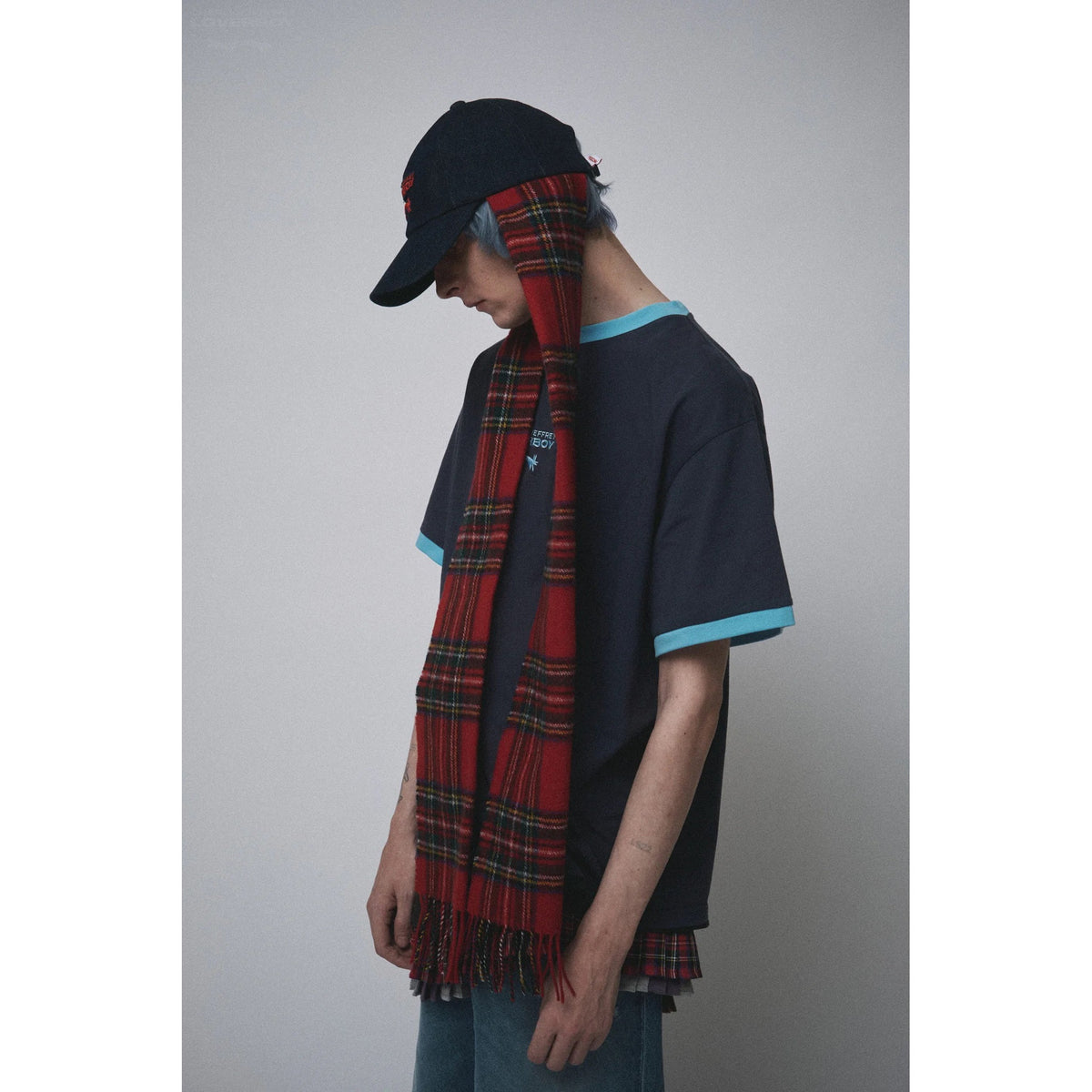SCARF CAP / INDIGO DENIM/RED TARTAN