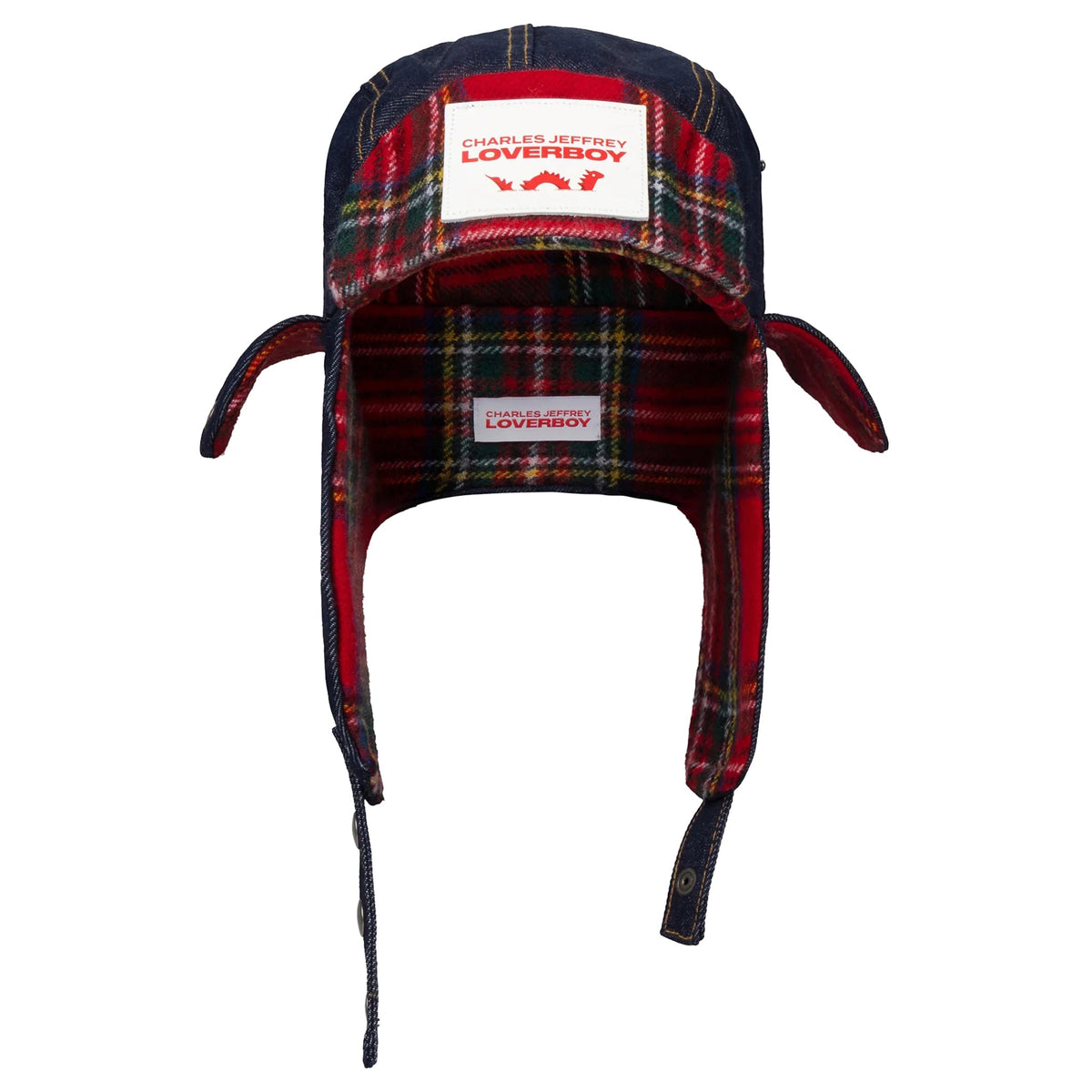 TRAPPER HAT / INDIGO DENIM/RED TARTAN