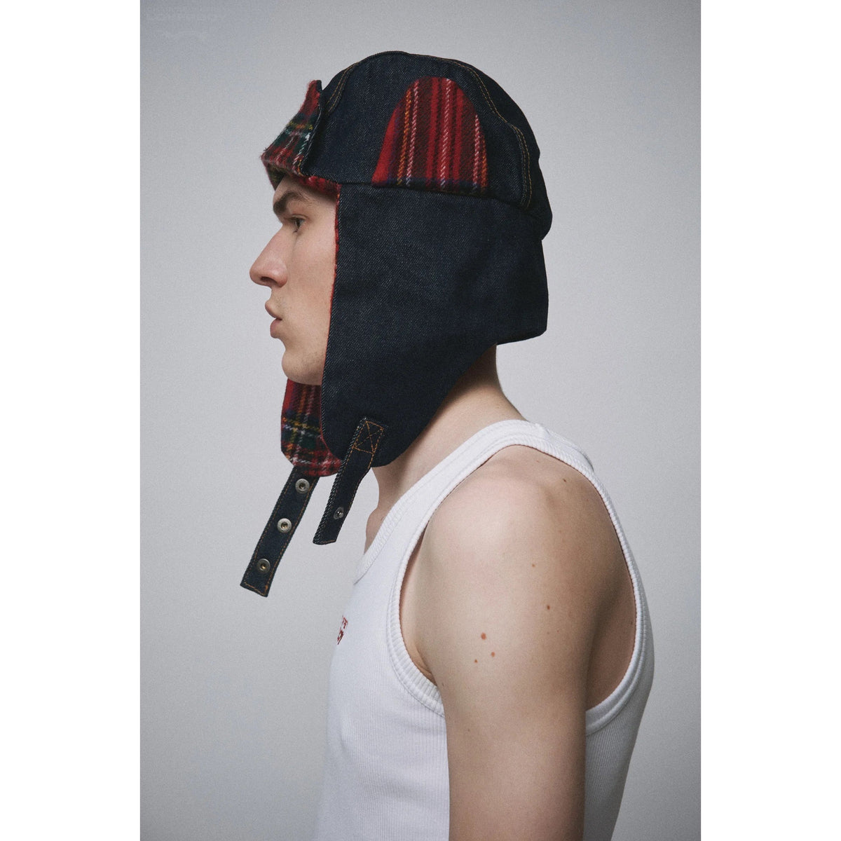TRAPPER HAT / INDIGO DENIM/RED TARTAN