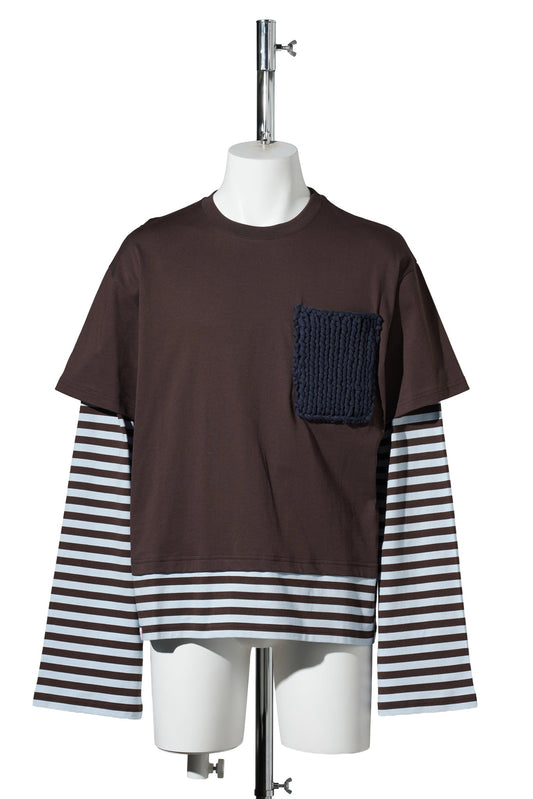 LONG SLEEVE 2-IN-1 TEE WITH KNIT PATCH / BROWN