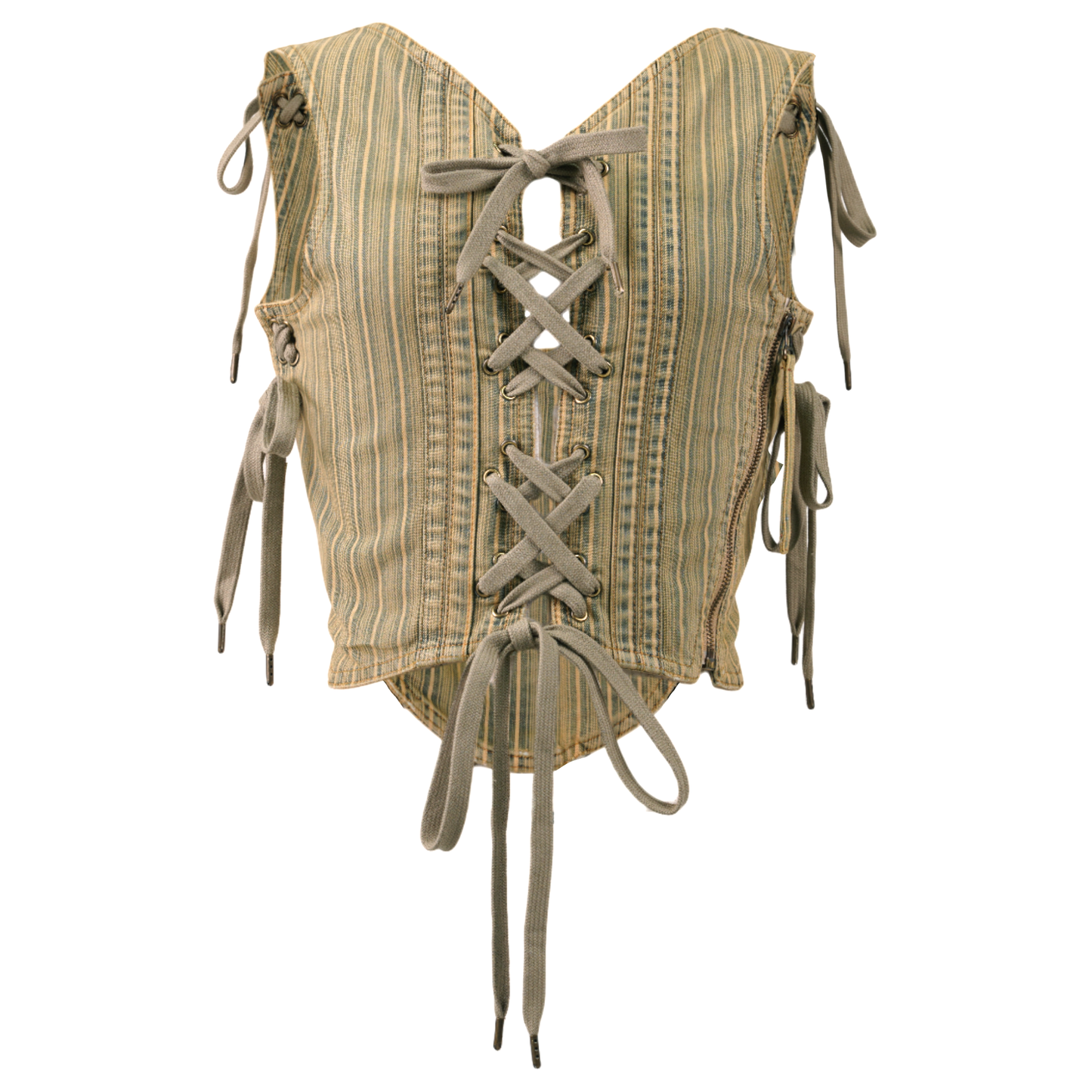 WASH STRIPED DENIM BUSTIER WITH LACING DETAILS / TAN STRIPE