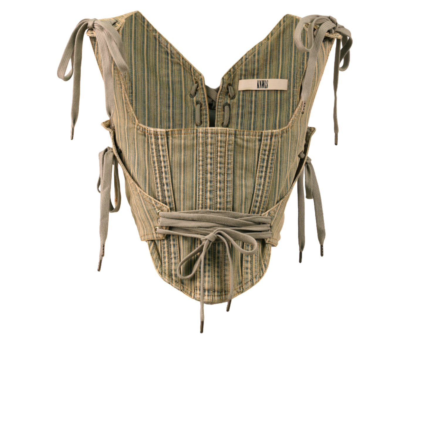 WASH STRIPED DENIM BUSTIER WITH LACING DETAILS / TAN STRIPE