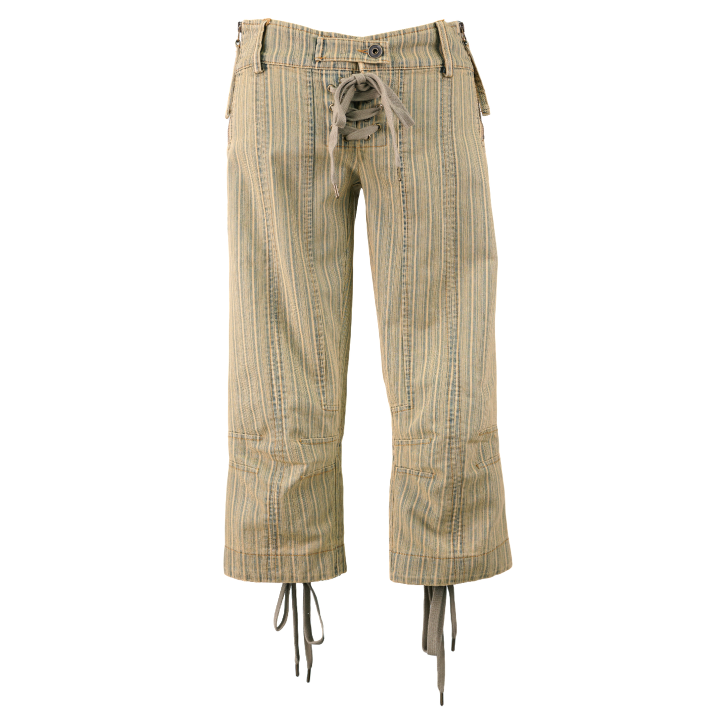 WASH STRIPED DENIM CAPRI WITH LACING DETAILS / TAN STRIPE