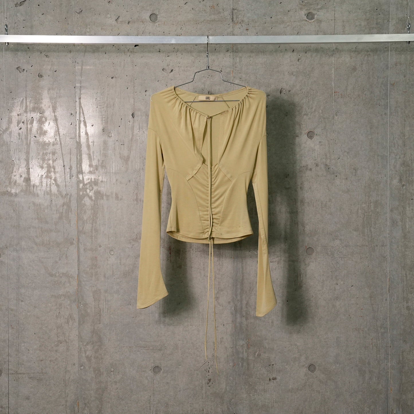 STRETCH LONG SLEEVE BLOUSE WITH TIE UP DETAILS / PALE OLIVE