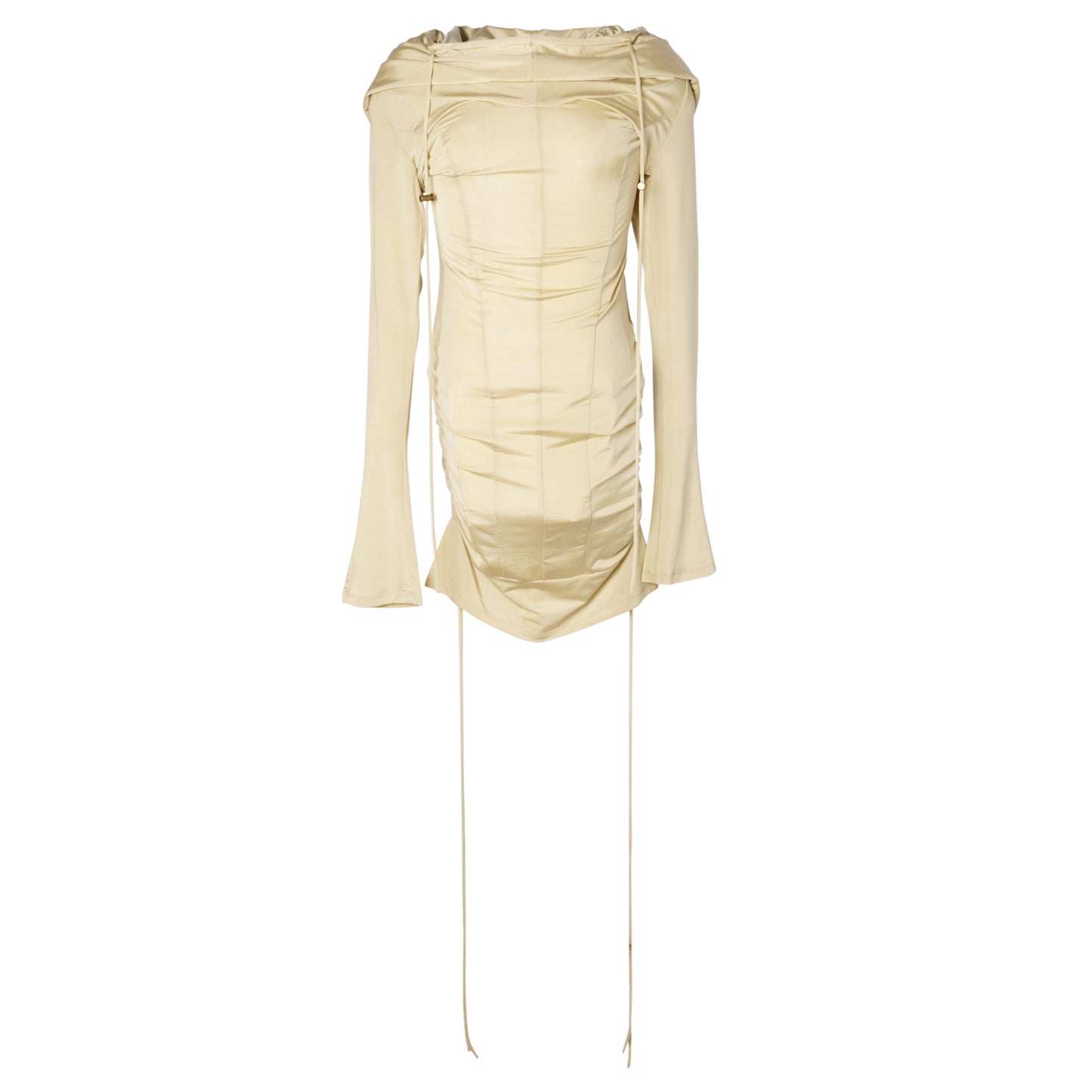 SHORT HOODED STRETCH DRESS WITH PULLER DETAILS / PALE OLIVE