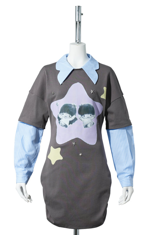 CELINE KWAN x SANRIO LITTLE TWIN STARS T-SHIRT DRESS / GREY/BLUE STRIPE