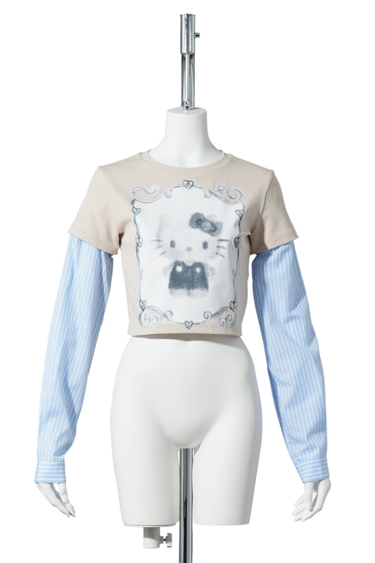 CELINE KWAN x SANRIO HELLOW KITTY BABY TEE SHIRT / BEIGE/BLUE STRIPES