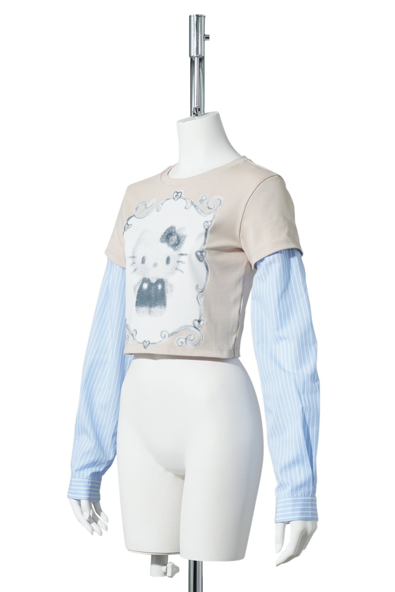 CELINE KWAN x SANRIO HELLOW KITTY BABY TEE SHIRT / BEIGE/BLUE STRIPES