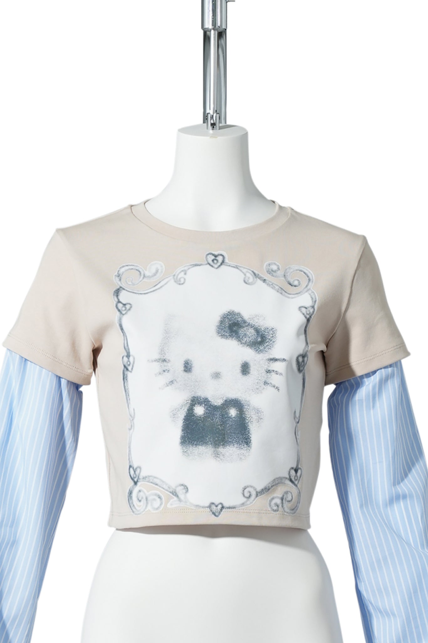 CELINE KWAN x SANRIO HELLOW KITTY BABY TEE SHIRT / BEIGE/BLUE STRIPES