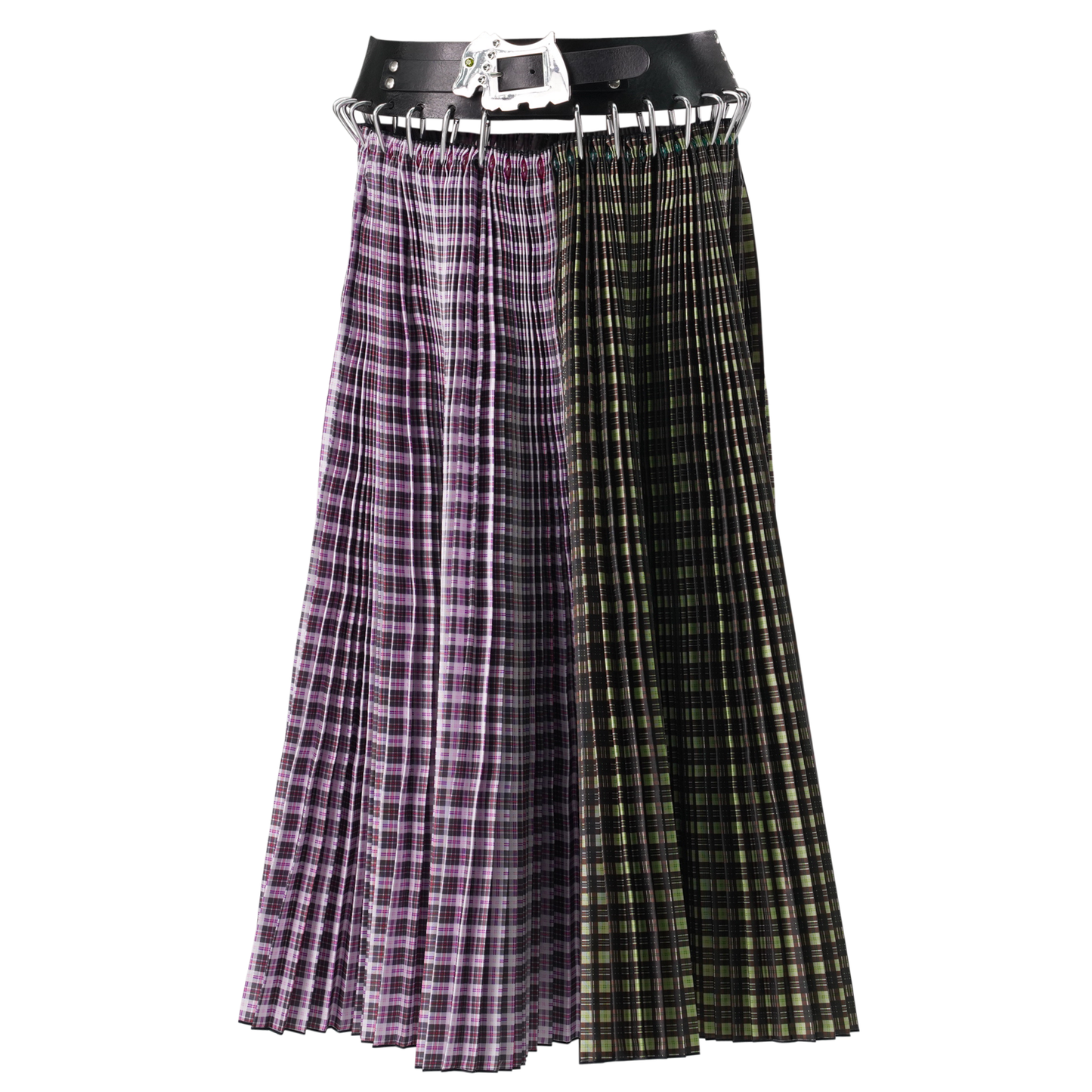 TAFFETA MIDI CARABINER SKIRT / GREEN AND PINK TARTAN