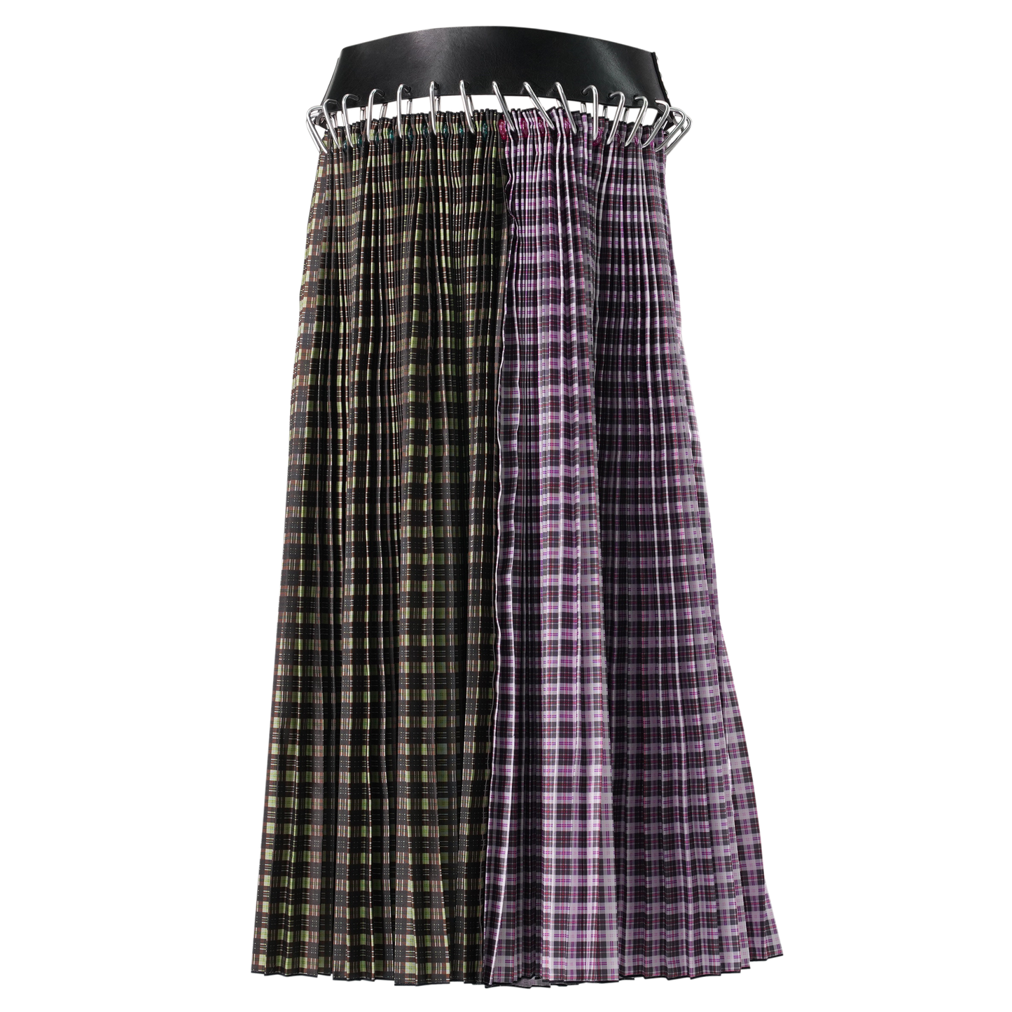 TAFFETA MIDI CARABINER SKIRT / GREEN AND PINK TARTAN