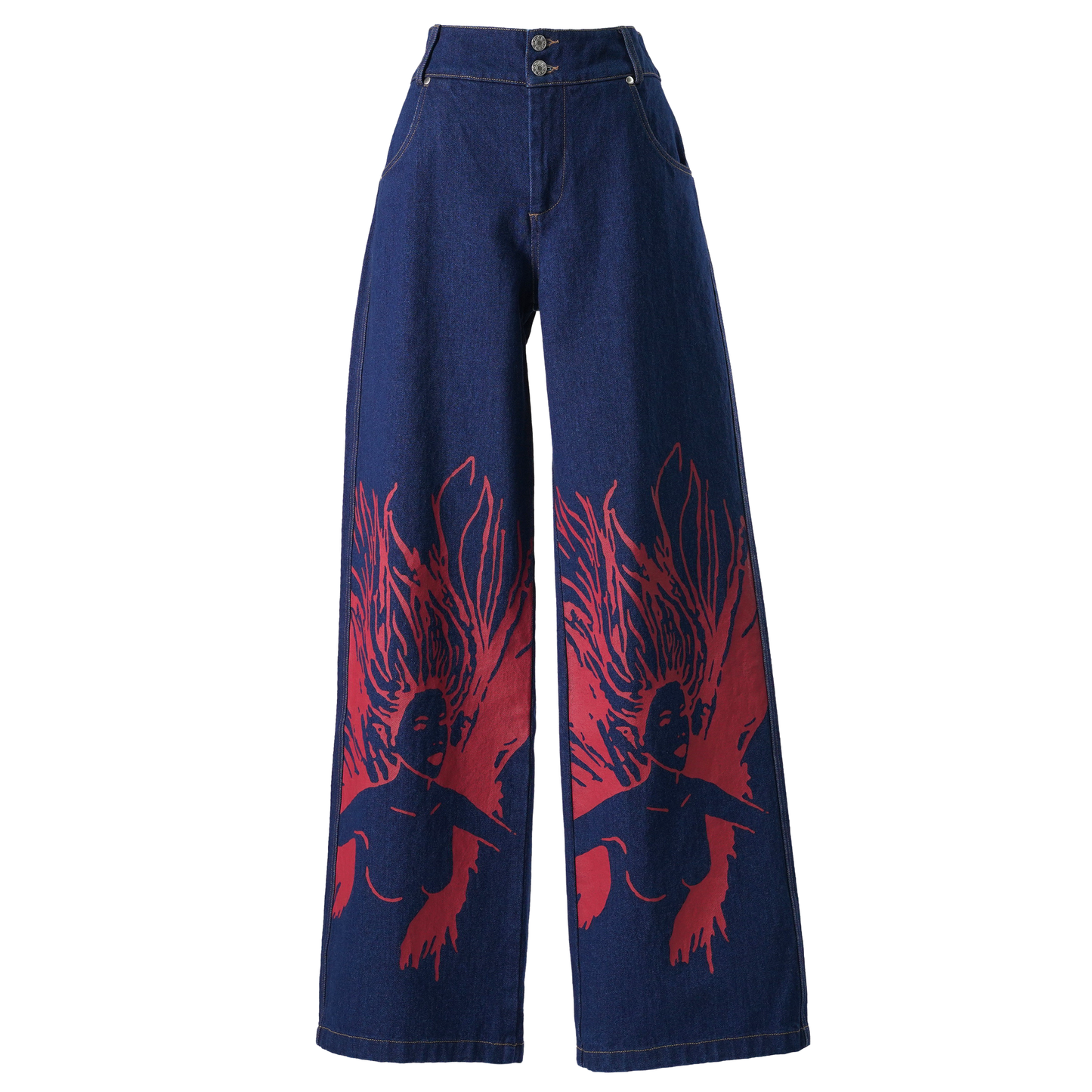 SCREEN PRINTED JEANS / BLUE AND RED