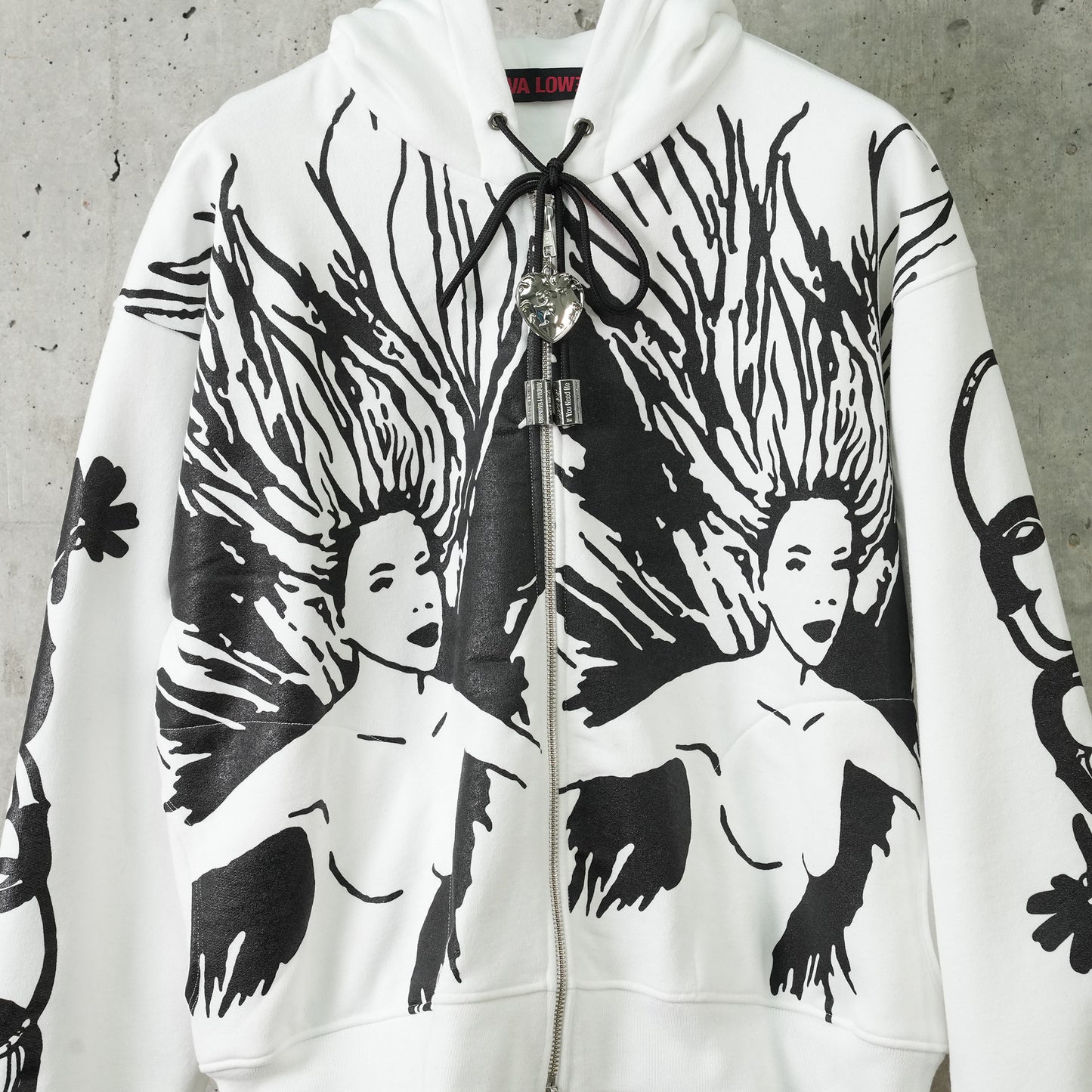 SCREEN PRINTED ZIP UP HOODIE / BLACK AND WHITE