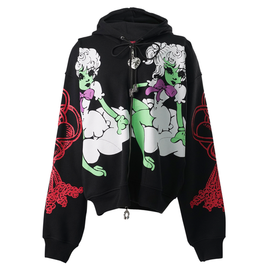 SCREEN PRINTED ZIP UP HOODIE / BLACK