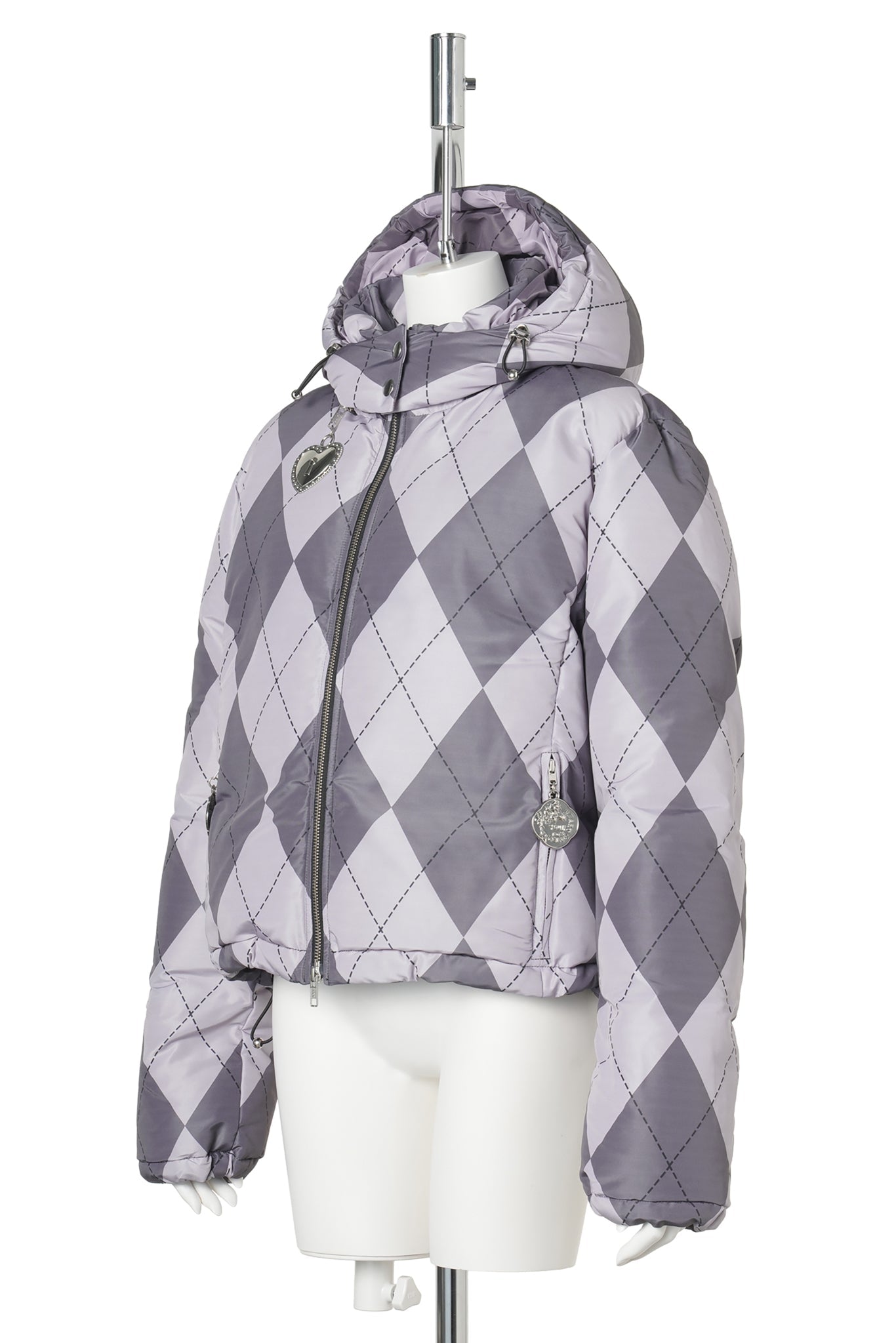 PURPLE ARGYLE PUFFER JACKET / PURPLE AND BLACK