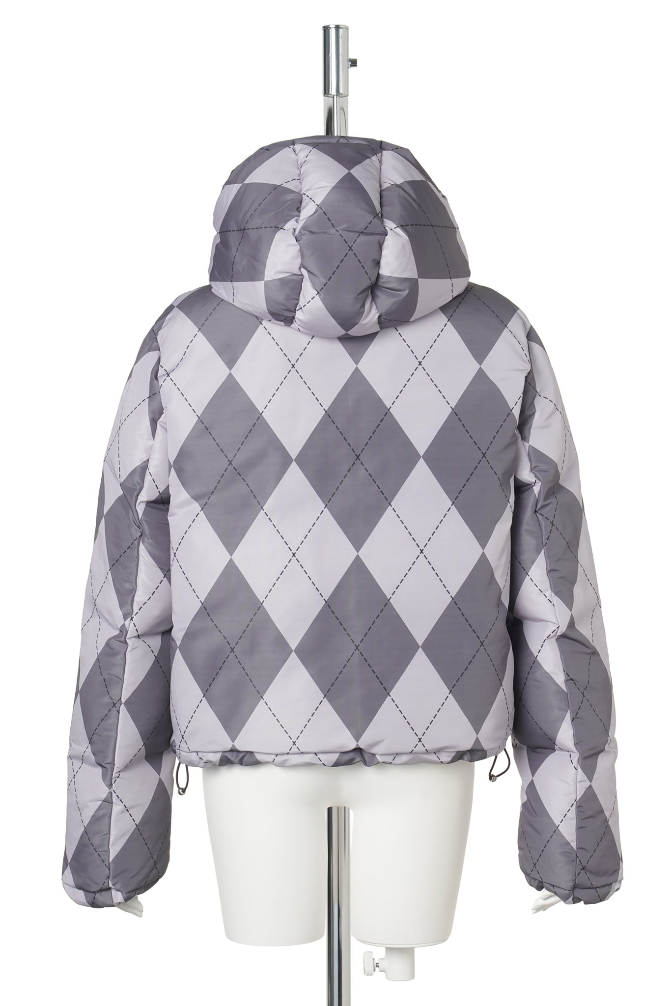 PURPLE ARGYLE PUFFER JACKET / PURPLE AND BLACK