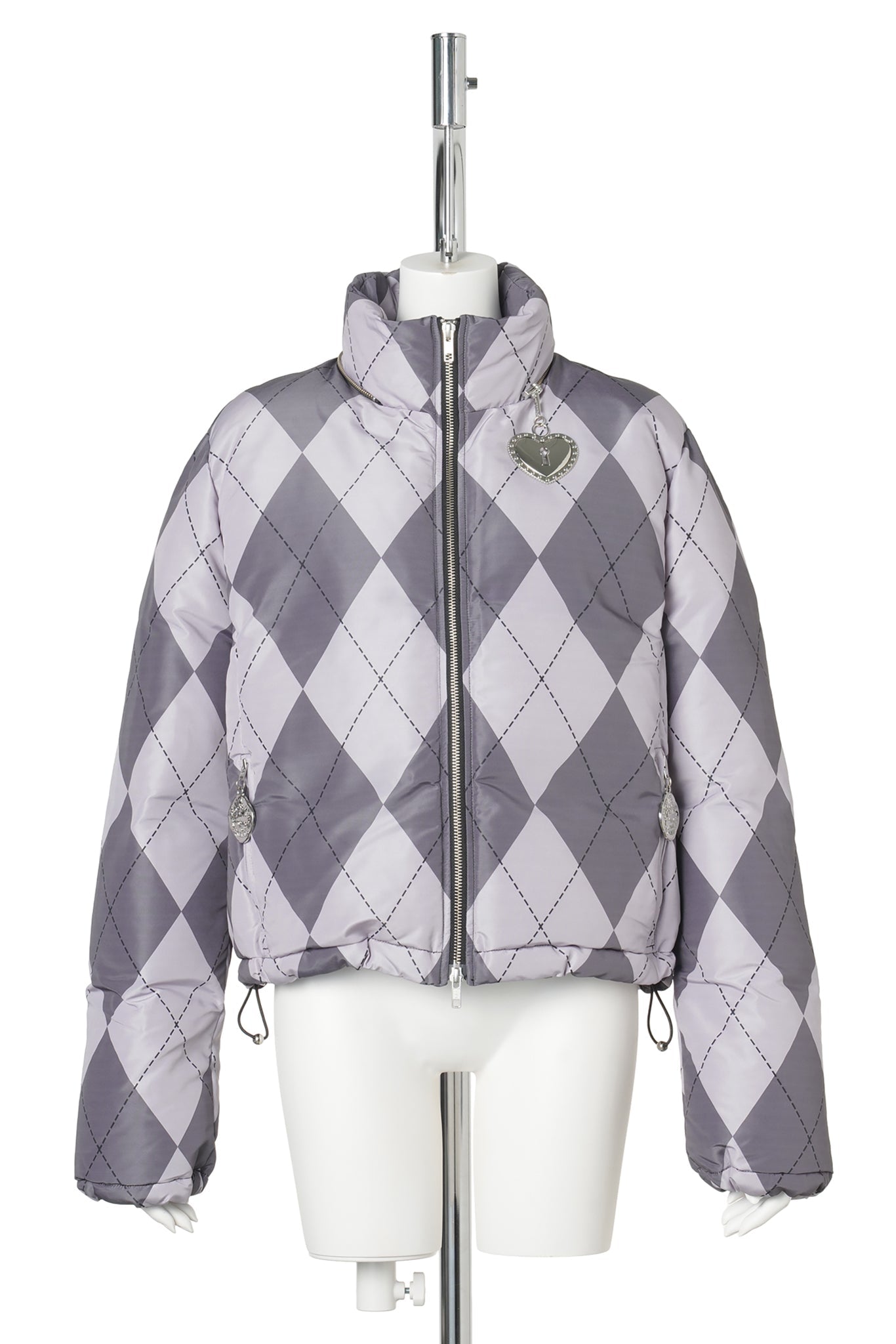 PURPLE ARGYLE PUFFER JACKET / PURPLE AND BLACK